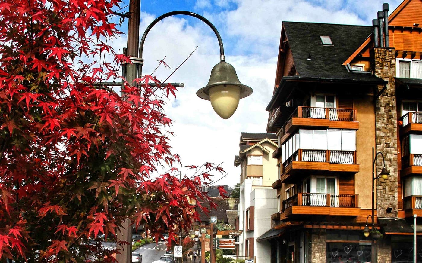 Rua de Gramado com árvore de folhas vermelhas e prédios de arquitetura alpina
